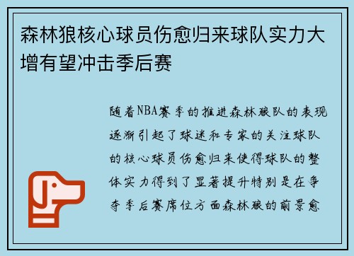 森林狼核心球员伤愈归来球队实力大增有望冲击季后赛